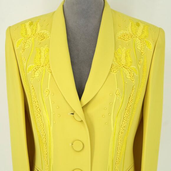 Louis Feraud Jacket Womens 8 Yellow Twill Lined Embroidery Detail Blazer Vintage - Picture 7 of 16